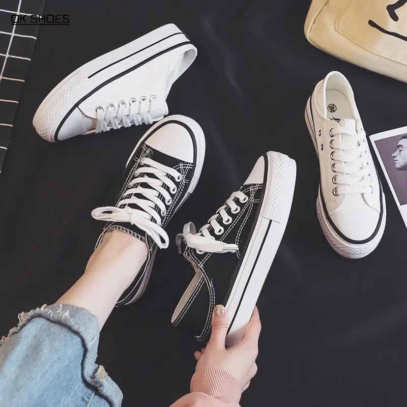 35/36/37/38/40 Spring and Summer New One Pair of Shoes for Two Uses Thick Bottom Semi Slippers Canvas Shoes Women's Korean Style All-Match Slip-on Shoes Fashion
