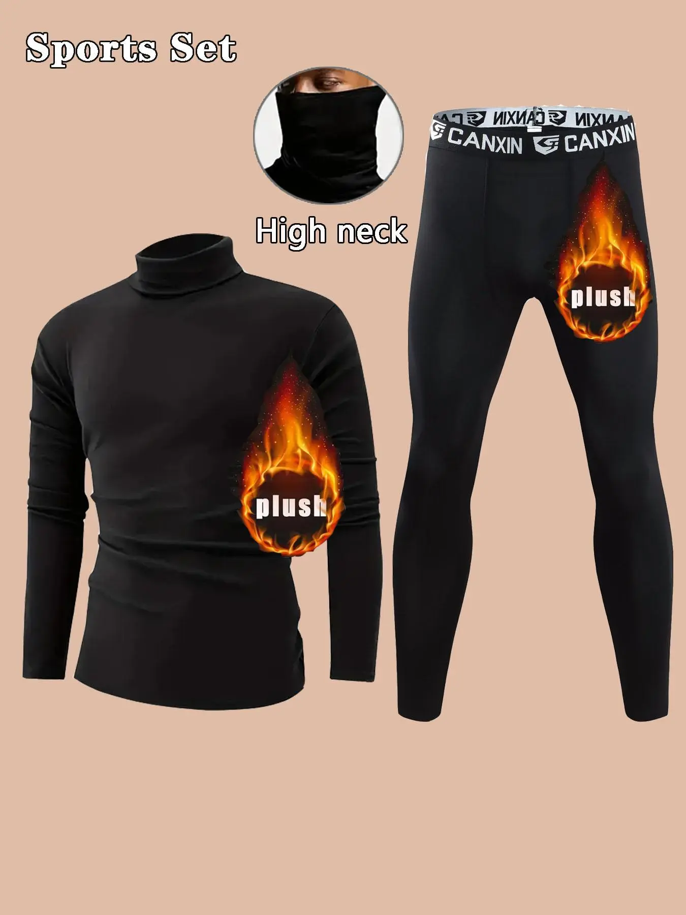 Men's High Neck Sports Thermal Underwear Set, Plain Long Sleeve Tight Top & Letter Tape Leggings, Sporty Thermal Underwear Set for Fall & Winter, Gym Clothes, Tracksuit