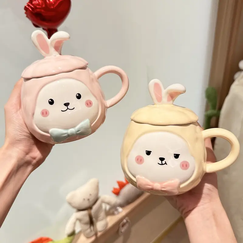 Ly cốc sứ có nắp đậy hình thỏ dễ thương 450ml, cốc uống nước có nắp đậy kèm thìa - TTB 2