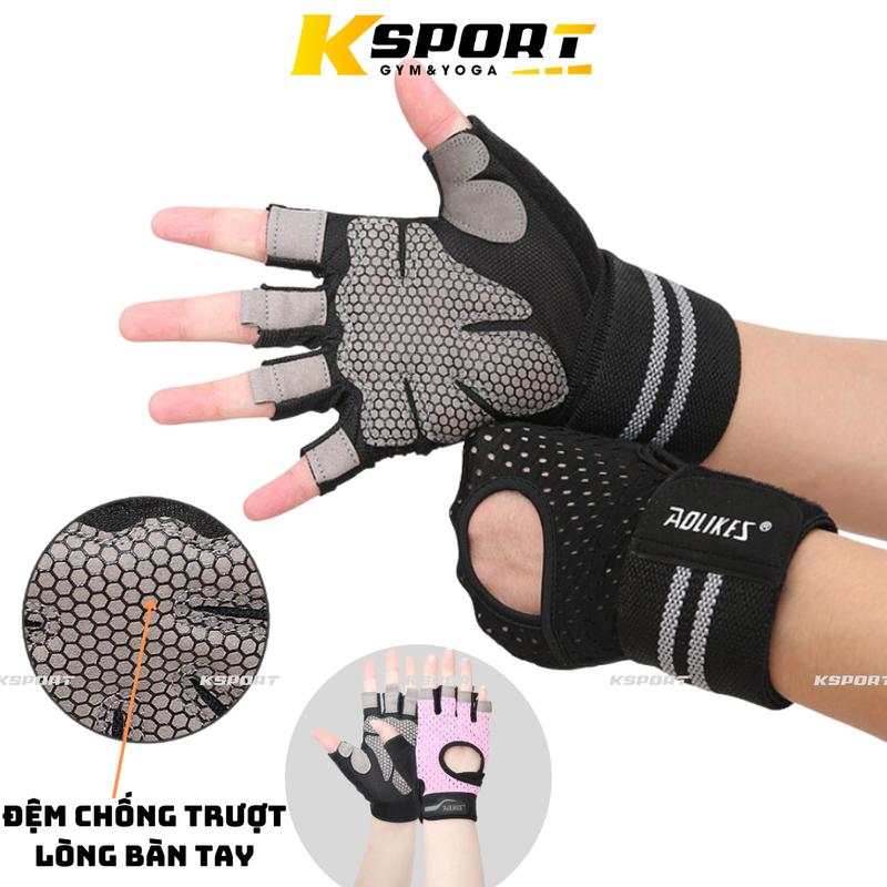 Găng Tay Nam Nữ Tập Gym Có Cuốn Trợ Lực Cổ Tay Cao Cấp Aolikes Hở Bàn ( 1 đôi ) Bao Tay Sport Tập Thể Dục Chống Trơn Trượt