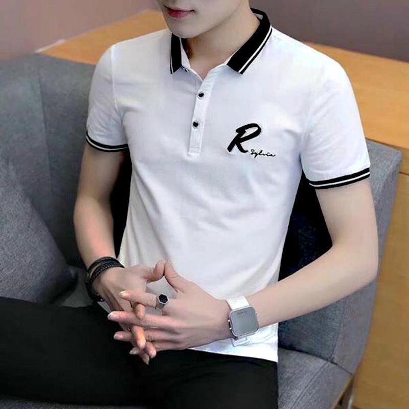 Áo thun nam có cổ thêu R vải cotton mềm mại co giãn