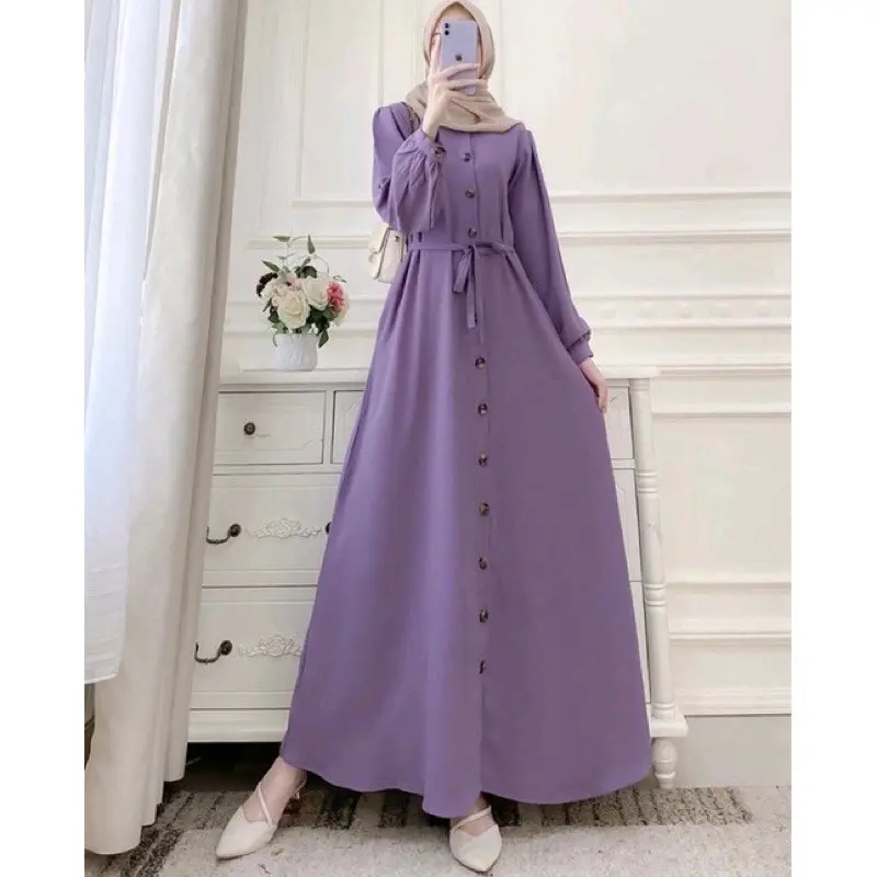 Gamis dres full kancing/ polos terbaru 2025/gamis Dewasa  Mewah Maxi Lebar Airflow Pesta Lebaran Crinkle Kondangan Biru Coklat Muslim Wanita Gamis Remaja Syari Panjang gam is Midi 3