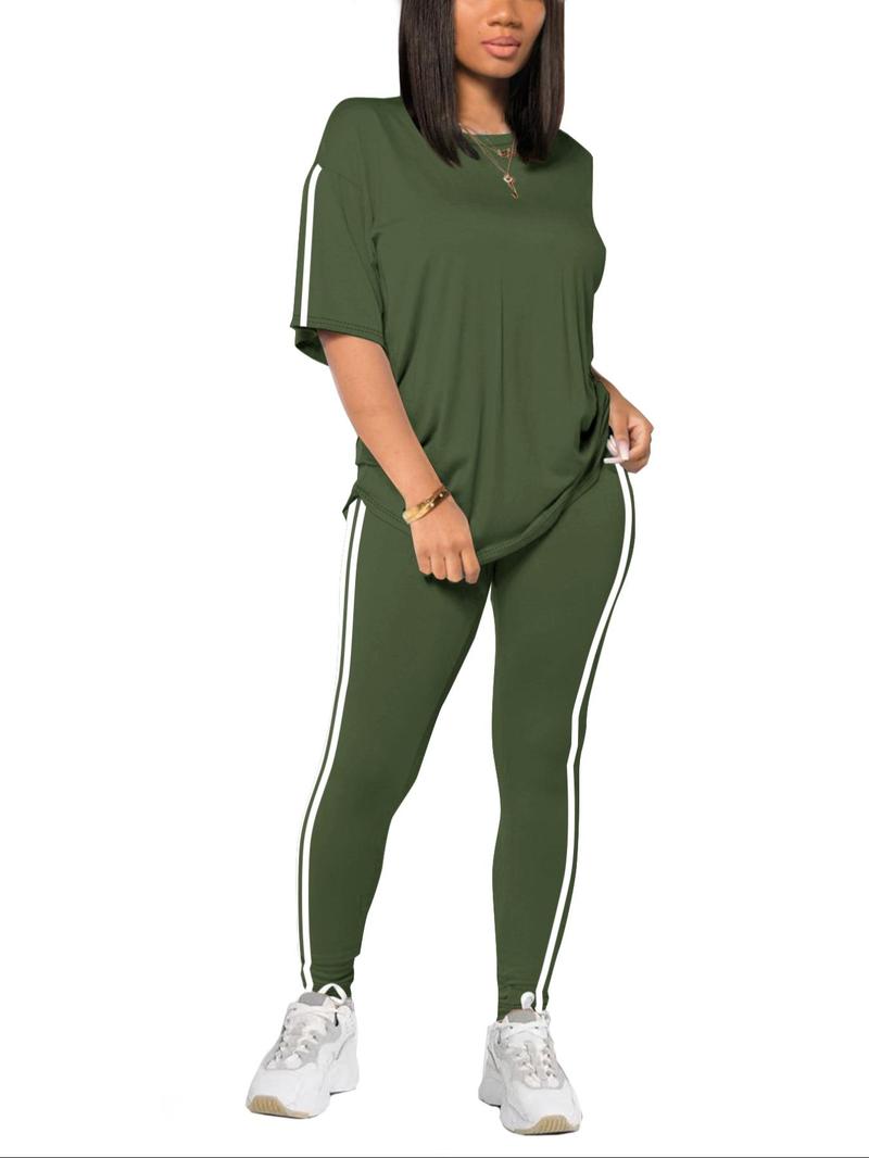 Product Introduction of Two-Piece Set Women's Side Stripe Tee & Pants Set, Casual Round Neck Half Sleeve T-shirt & Trousers, Women's Spring & Fall Clothes 7
