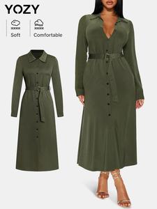 YOZY Women's Solid Button Front Belted Shirt Dress, Elegant Long Sleeve Collared Dress for Work Office Business, Ladies Clothes for All Seasons