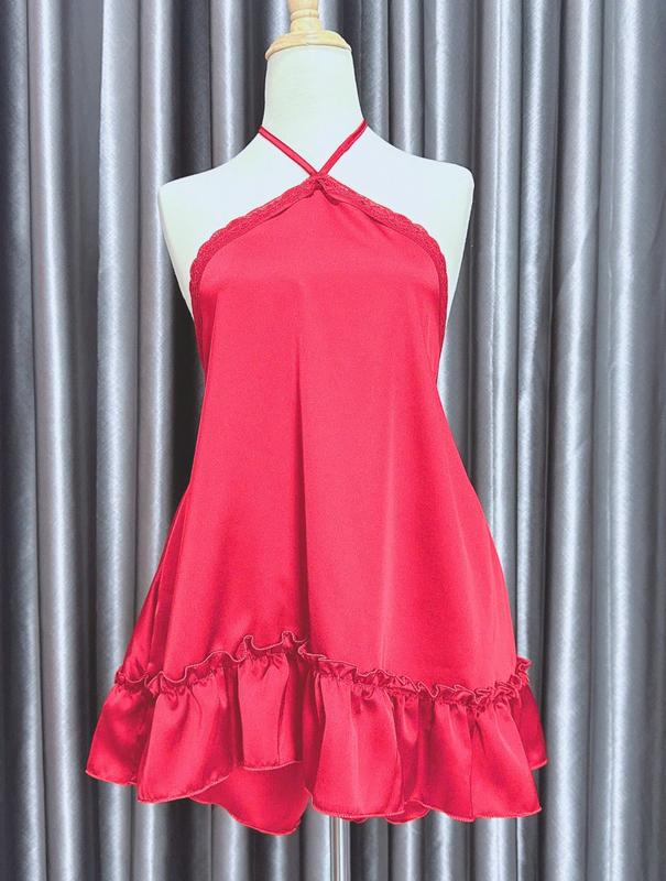 FreeSize 65Kg-90Kg Bộ Ngủ Nữ Vải Lụa Satin Trơn Kiểu Yếm Dây Cột, Cổ Phối Ren, Không Mút, Quần Xéo Tôn Dáng Women Áo Quần Ngủ