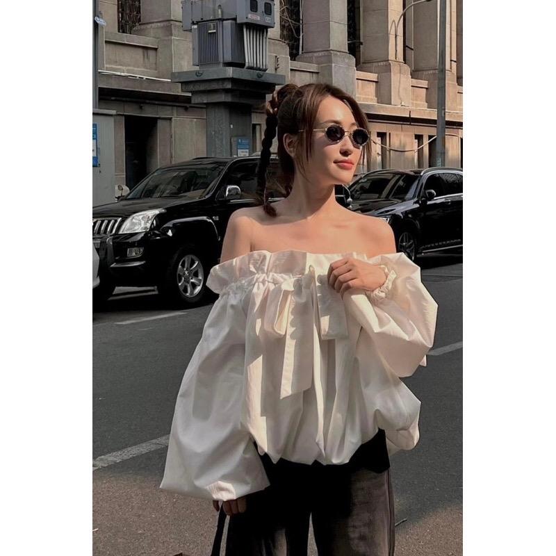 Áo bệt vai phồng bồng bềnh nơ xinh nhún bèo, áo trễ vai phồng nơ