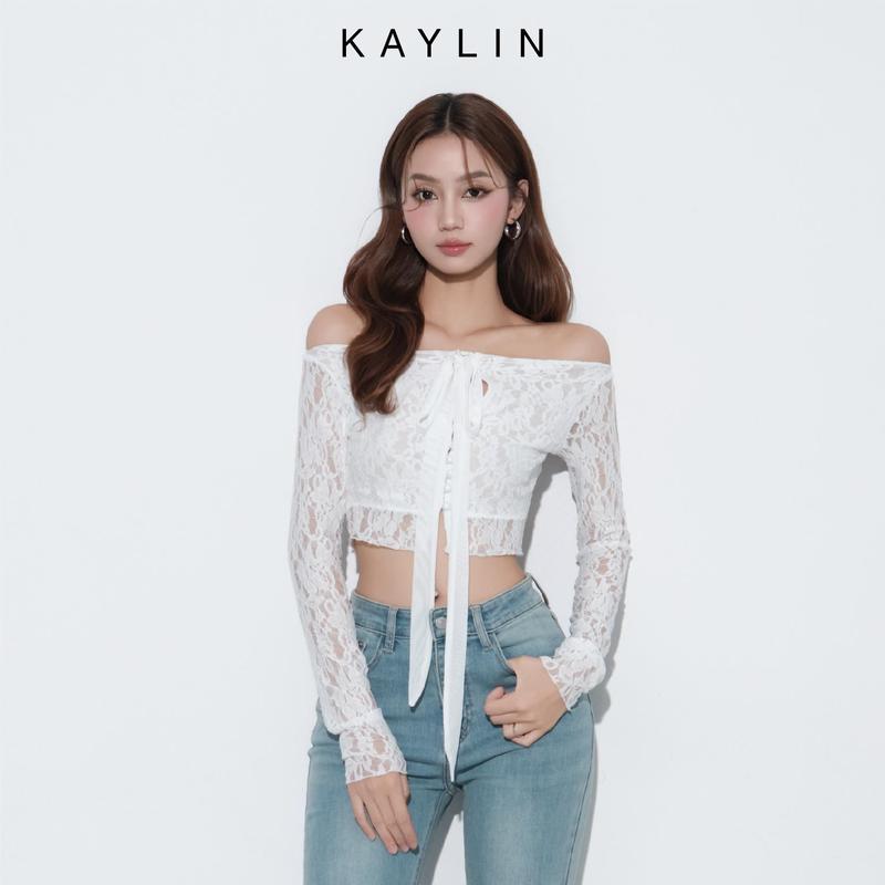  Áo Kiểu KAYLIN Lưới Trễ Vai Tay Dài Phối Nơ Form Croptop Chất Vải Thun Lưới Phong Cách Gợi Cảm – A22T6 Women Top 