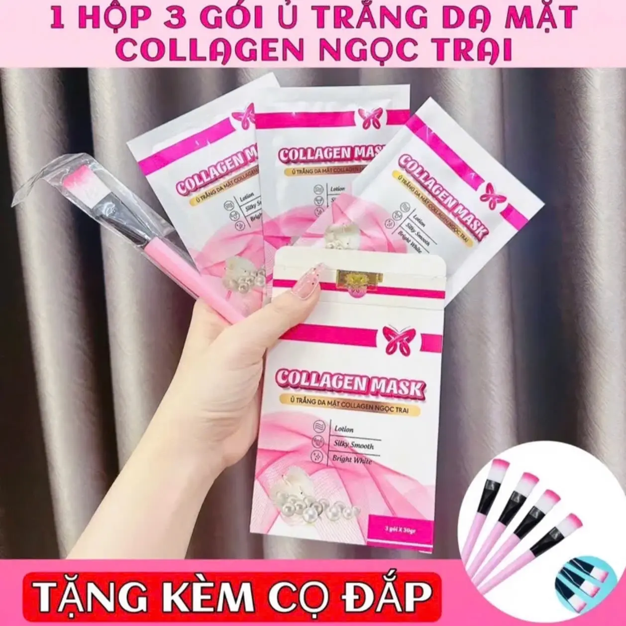 MAT NẠ   Ủ TRẮNG DA MẶT COLLAGEN NGỌC TRAI (hộp 3 gói) tặng kèm cọ qét Skincare Làm Đẹp Da