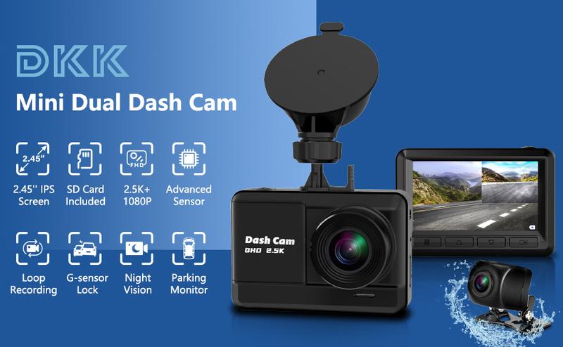 Product Introduction of Driving Recorder Front Rear, Mini Driving Recorder 2.5K QHD with 32gb SD Card, 2.4 Inch IPS Screen, 2 Installation Methods, Night Vision, WDR, Accident Locking, Loop Recording, Parking Surveillance 0
