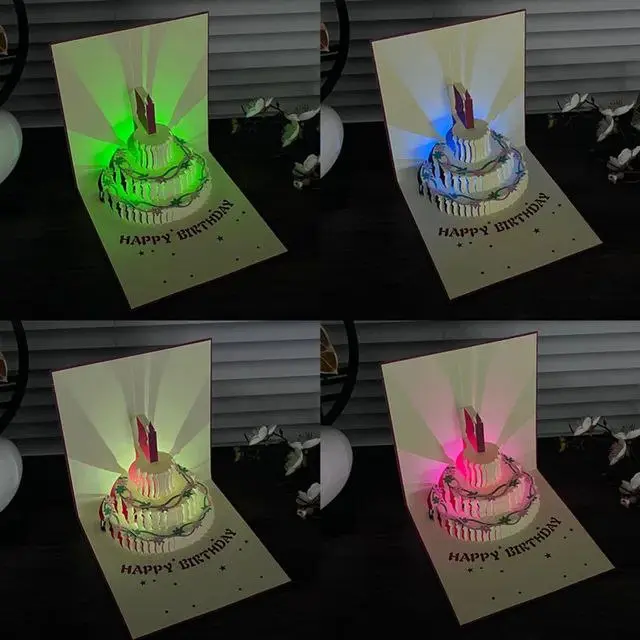 Kartu Ucapan Pop Up 3D Bentuk Kue Ulang Tahun Dengan Lampu, Cahaya, dan Musik Kertas 4