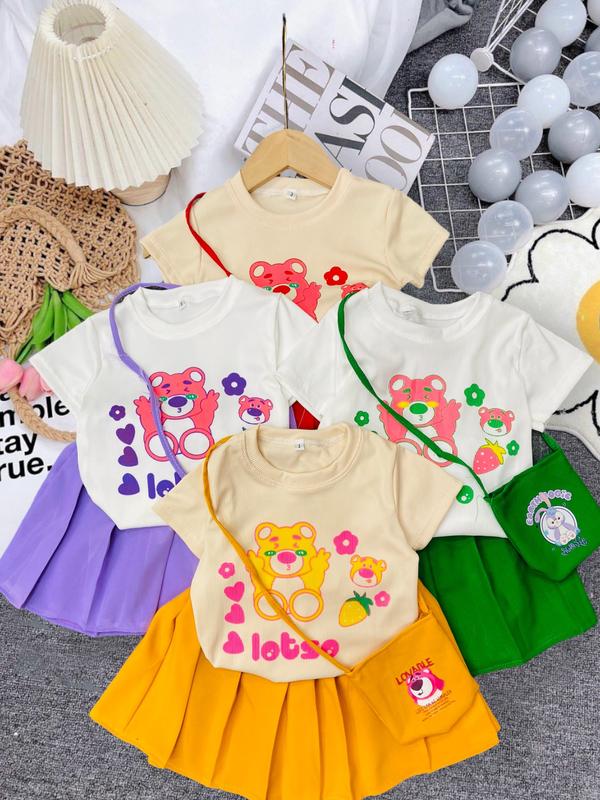 [8-22kg] Set áo vải gân tăm in hình + Váy (có lót) vải Cotton lạnh kèm túi đeo cho bé gái mặc đi học, đi chơi (TT004, TT027, TT140) 6