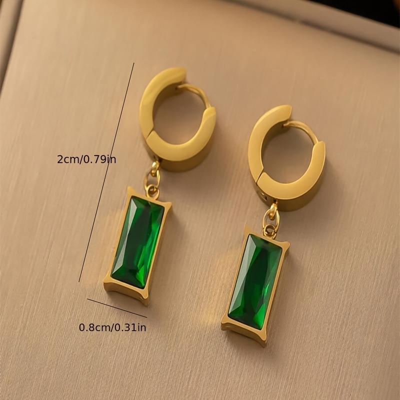3 piece elegant minimalist necklace and earrings set, gold tone snake chain rectangular emerald green cubic zirconia pendant and hoop earrings 2