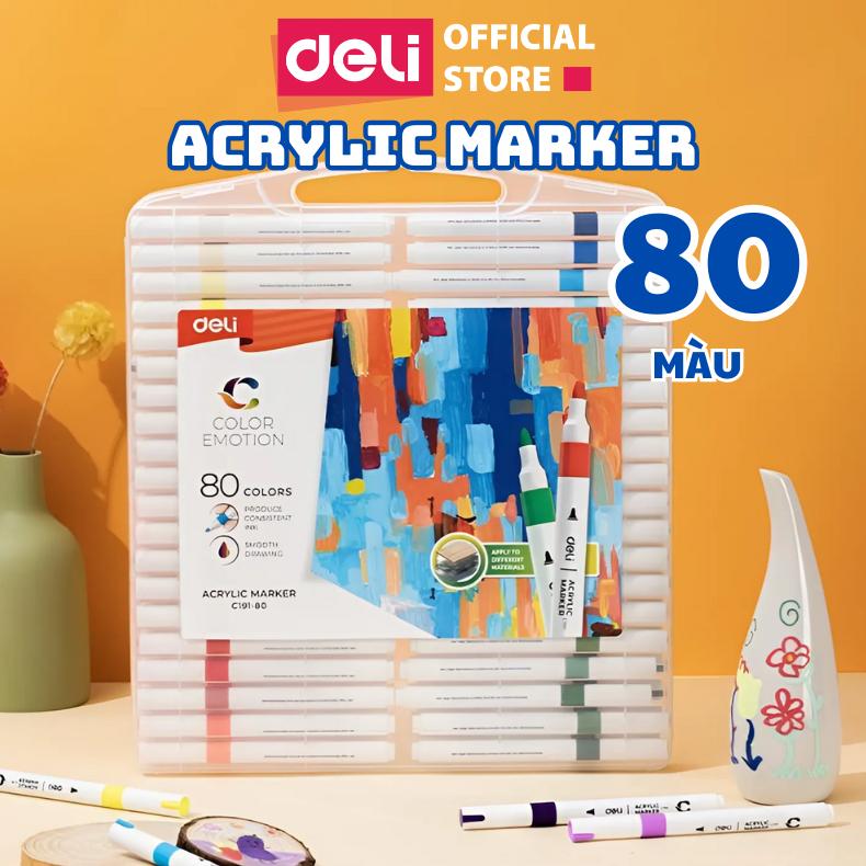 [DEAL 4/4] Hộp 80 màu Acrylic Marker Deli nhiều hơn 80% mực - Hộp nhựa, có quai xách tiện lợi, chống thấm nước, tô màu đậm, thích hợp đi nét DIY vẽ quần áo giày