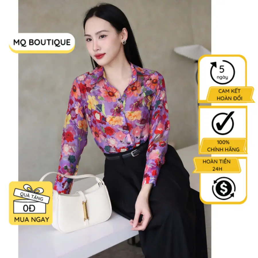 Sơ mi lụa Nhật tay dài hoa vải mềm mát công sở  MQ Boutique hoạt tiết hoa cam vàng xanh nền tim sang trọng