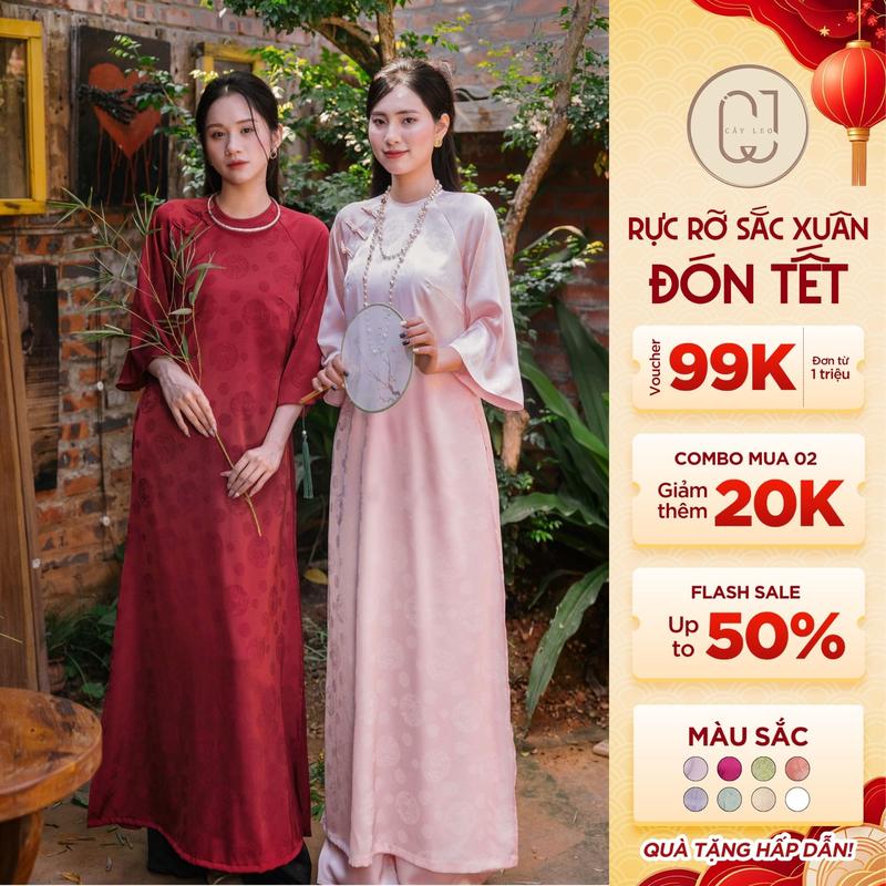   KOL  Áo Dài Thanh Chi Lụa Gấm Hoa Tay Loe Cổ Tròn Cây Leo Design  - TC709 