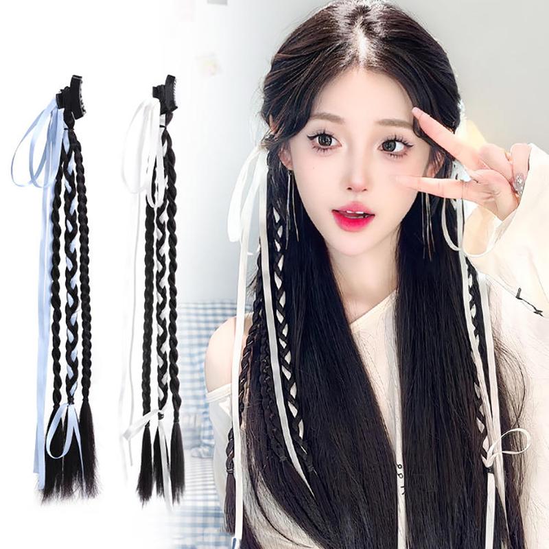 Tóc Giả Bện Nơ Ruy Băng Dài, Phong Cách Cô Gái Ngọt Ngào Bộ 2 Chiếc, Tóc Đuôi Ngựa Đôi Mô Phỏng, Phụ Kiện Tóc