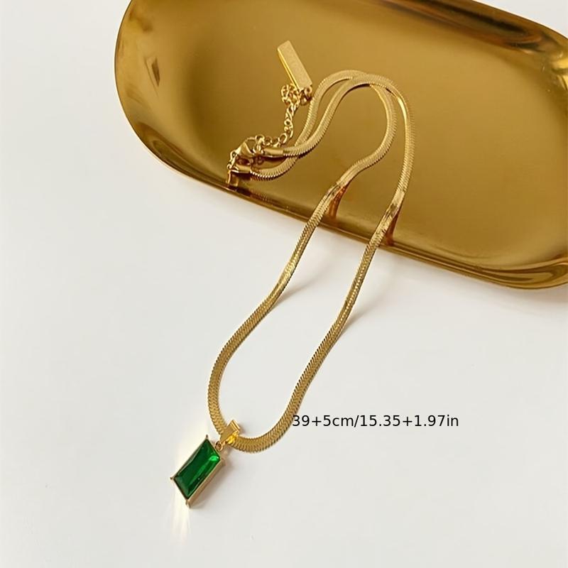 3 piece elegant minimalist necklace and earrings set, gold tone snake chain rectangular emerald green cubic zirconia pendant and hoop earrings 4