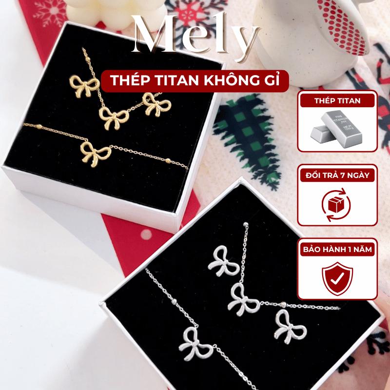 KHÔNG ĐEN GỈ Bộ Bông tai Dây chuyền Vòng tay Titan hình nơ dạng sợi mảnh thời trang Hàn Quốc - Mely TT100