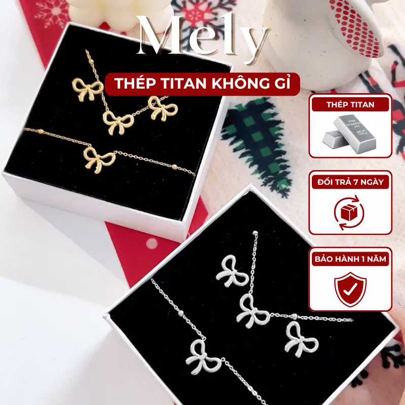 [KHÔNG ĐEN GỈ] Bộ Bông tai, Dây chuyền, Vòng tay Titan hình nơ dạng sợi mảnh thời trang Hàn Quốc - Mely TT100 0