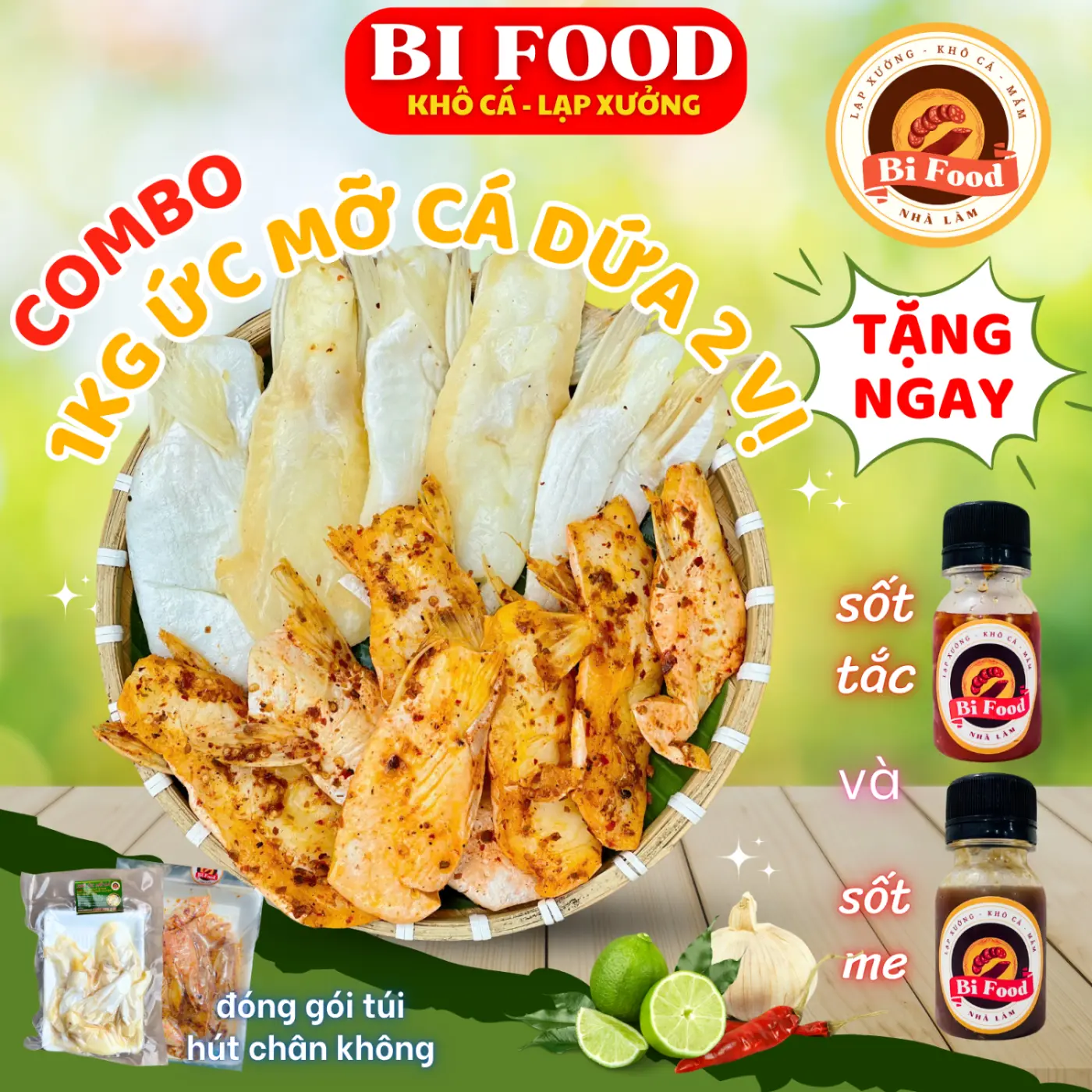 Combo Khô ức mỡ cá dứa và ức mỡ tẩm vị sả ớt BIFOOD mỗi loại 0,5kg, tặng sốt me + tắc, chiên giòn SIÊU NGON SIÊU BÉO Thức Ăn - FREESHIP khô  cá