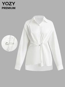 YOZY Women's Plain High Low Hem Button Front Shirt, Elegant Asymmetrical Hem Collared Blouse Top for Spring & Fall, Ladies Clothes for Work Office, Fall & Winter Outfits