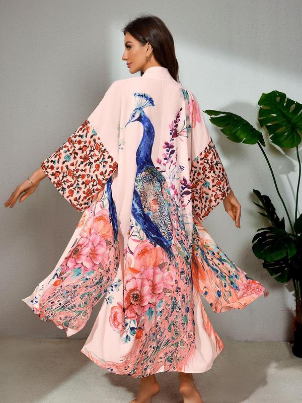 [Plus Size] Peacock & Floral Print Belted Wrap Kimono Cardigan, Casual Boho Three Quarter Length Sleeve Split Hem Kimono Cardigan, Women's Summer Swimwear for Beach Holiday Vacation 0