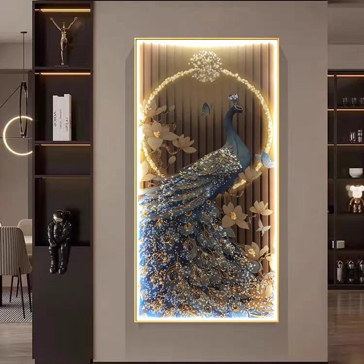 Tranh Điện Đính Đá Pha Lê kết hợp Đèn LED chim công, Cao Cấp Treo Tường, Decor Phòng Khách, Phòng Ngủ, Hành Lang, vòng sáng Đồng Tiền, khung tranh ...