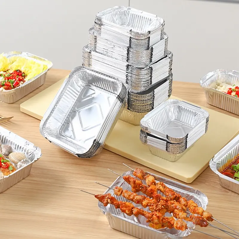 10Pcs 230/410/600/700ml Airfryer Rectangular Aluminum Foil Tray BBQ Thickened Baking Disposable Packaging Box Home Kitchen Tools