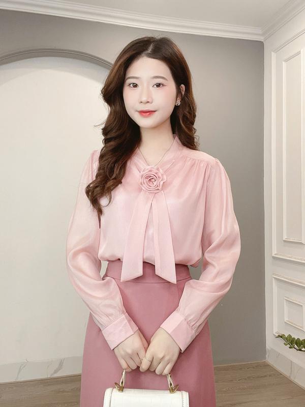 Áo Sơ Mi Tơ Cổ Nơ Kèm Tag Hoa Cao Cấp Min House