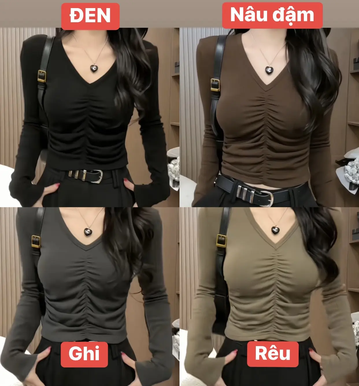 Áo thun nhúm cổ V 4 màu, chất thun cotton mềm co dãn - Top Nữ