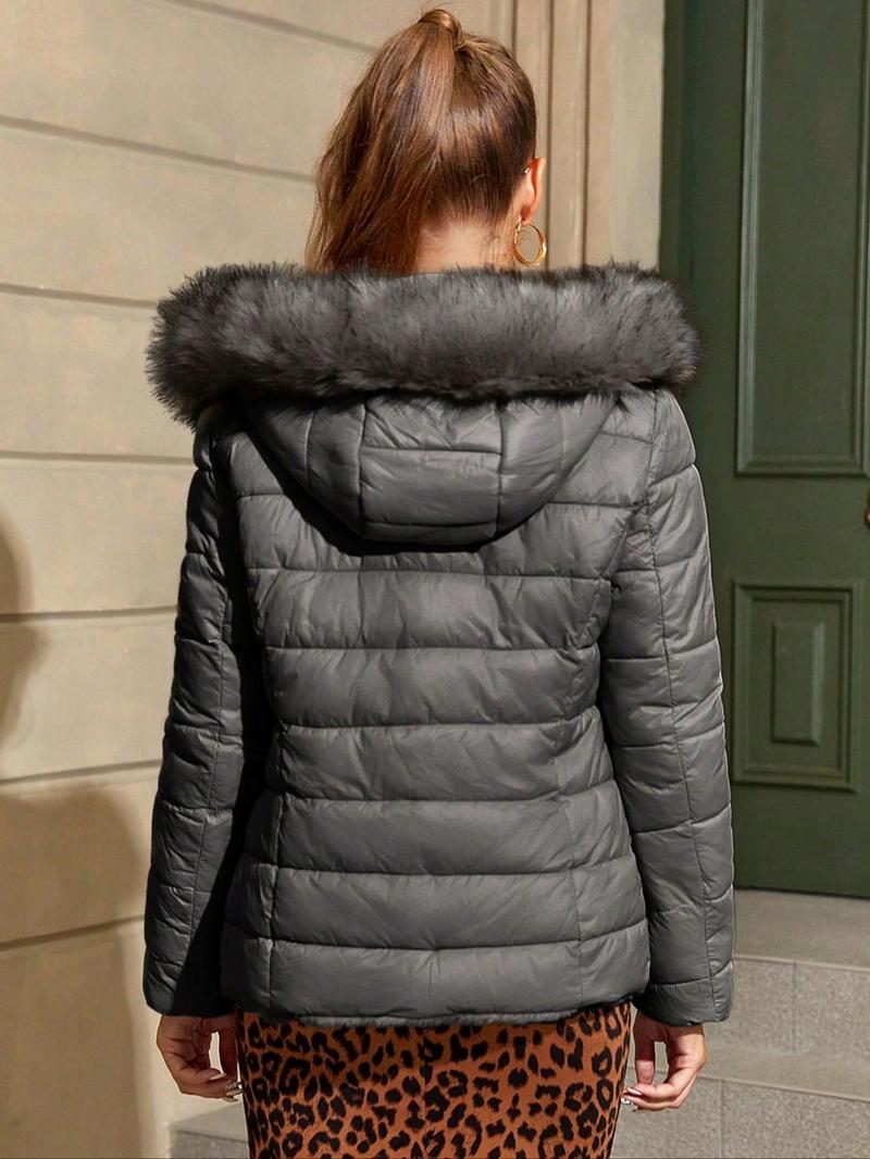 Product Introduction of Women's Solid Color Contrast Faux Fur Reversible Hooded Jacket, Casual Warm Long Sleeve Drawstring Quilted Coat for Fall & Winter, Women's Clothing for Daily Wear 9