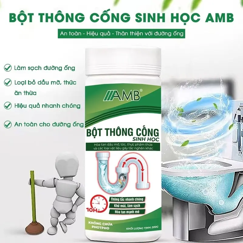 Bột thông cống sinh học AMB thông tắc cống, bồn rửa mặt, bồn cầu khử mùi hôi, cặn bẩn EcoFresh Làm Sạch 1