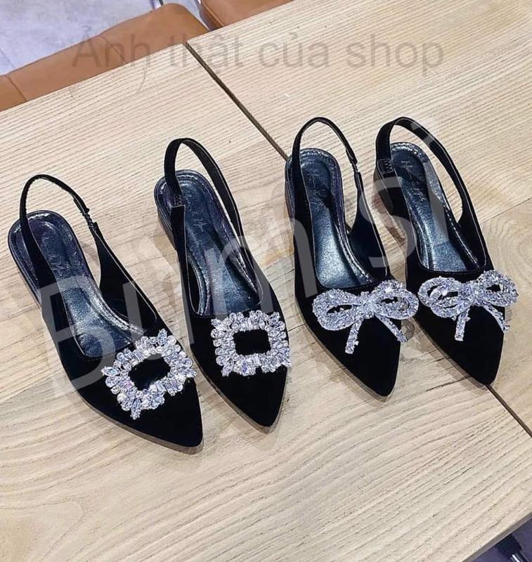 Phom To lùi 1 số - Dép Quai Hậu Nữ Mũi Nhọn Gắn Nơ Đá, Giày Sandal Phối Nơ xinh Xắn DéP Nhung Jean