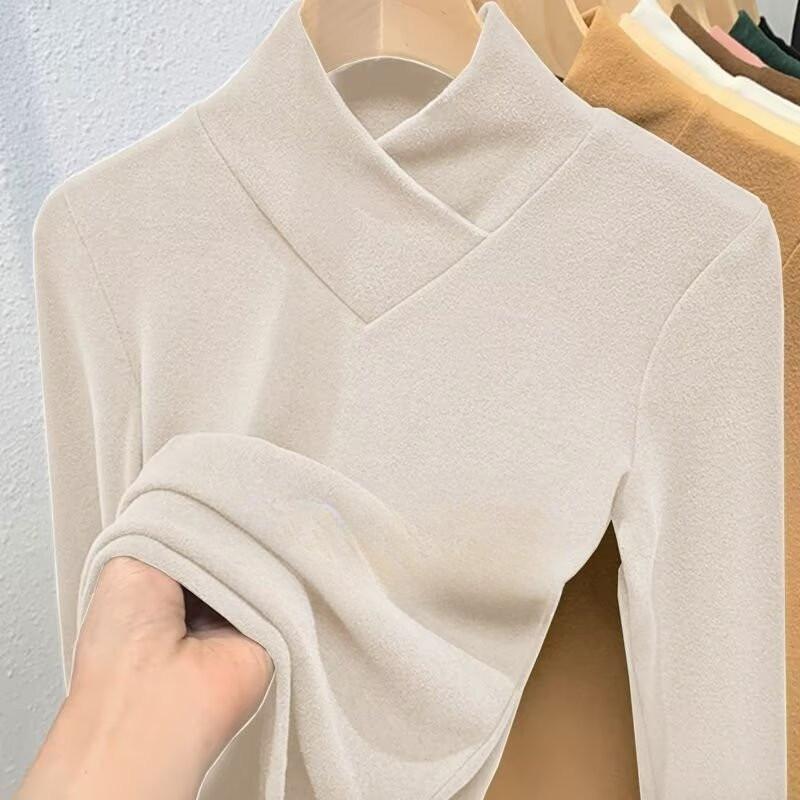 Áo Giữ Nhiệt Cho Nữ, Phong Cách Đường Phố Hàn Quốc, Áo Dài Tay Ngoài Trời Mùa Thu, Cổ Lọ Nửa, Cổ Chéo, Đồ Mặc Bên Trong Ấm Áp, Có 6 Màu, Cỡ S-3XL, Thời Trang Đường Phố 1