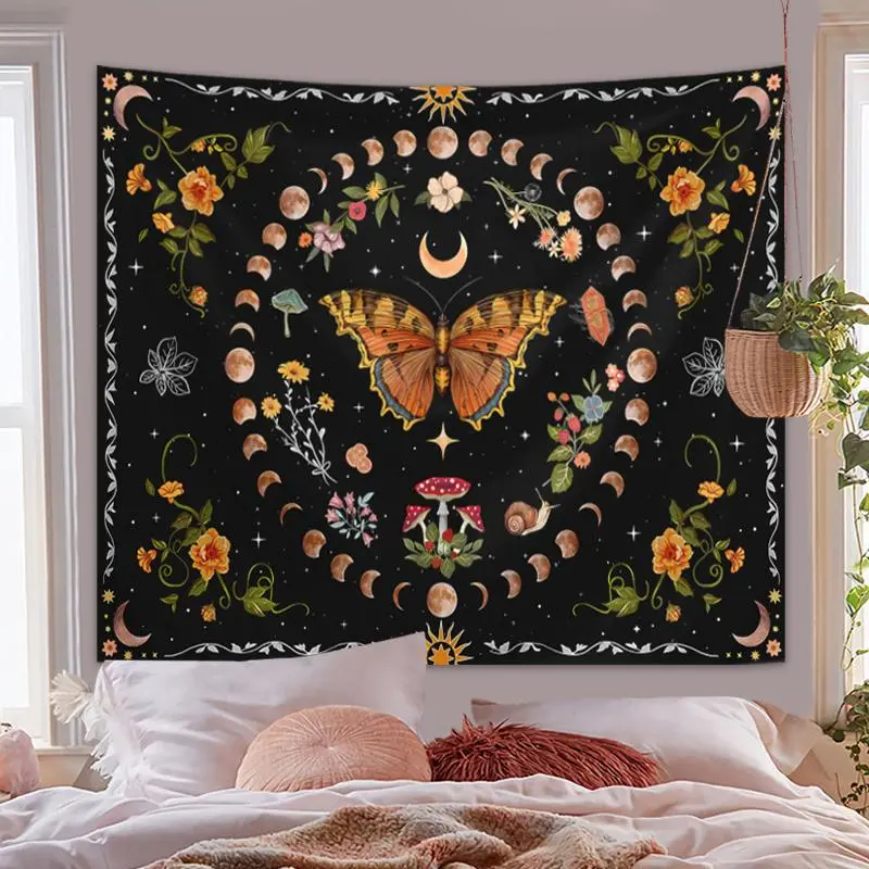 Wall Tapestry, 1 Count Summer Bohemian Style Butterfly Flower Moon Phase Print Tapestry, Wall Hanging Decor for Bedroom Living Room Home Decor 8