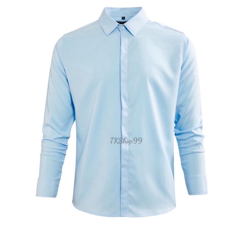 Áo Sơ Mi Nam Trắng Đen Trơn Màu Lụa Dài Tay Nẹp Cúc Chống Nhăn Menswear Nam Có Cổ Trơn Đen Cổ Tròn 6