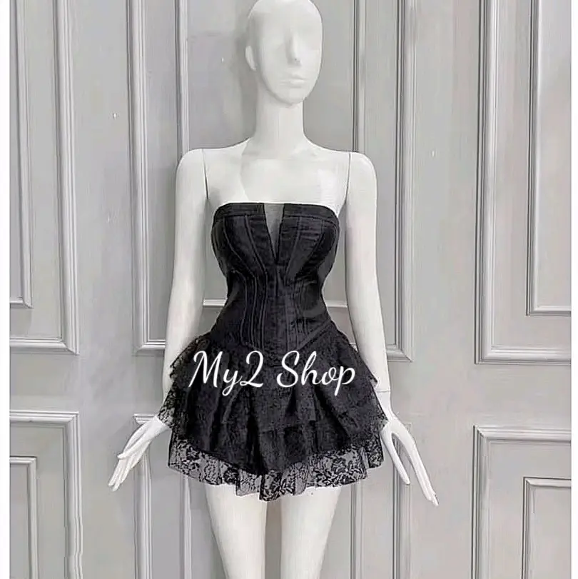 Áo ống tappa sang chảnh phối chân váy ren tầng xoè nữ -  Top Women Nữ set đồ Bo Chun Kem phông Nhung đầm