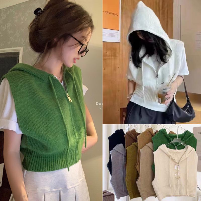 ÁO GILE LEN CÓ MŨ CHO NỮ DÁNG NGẮN ÁO GILE LEN KHÓA KÉO CROPTOP