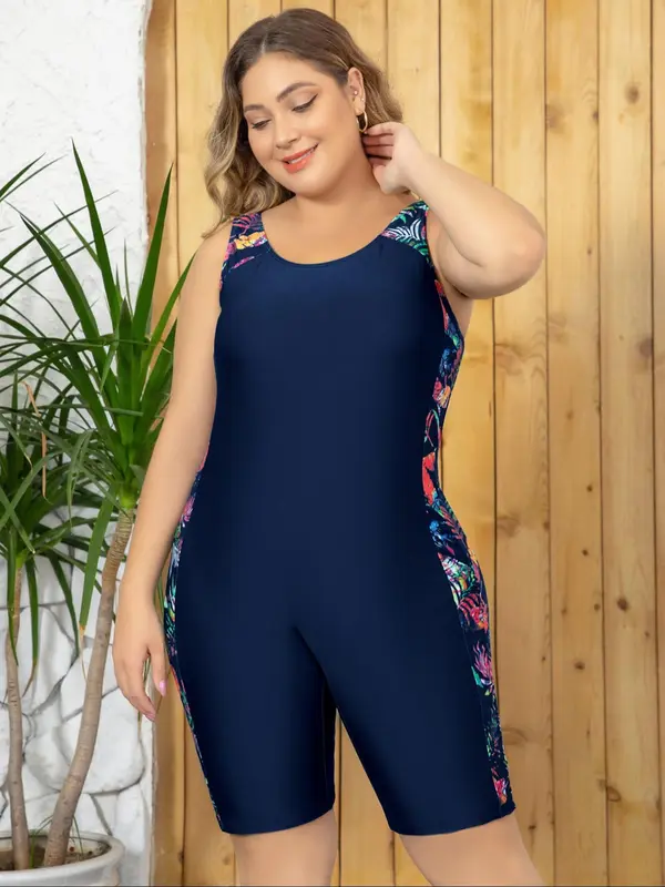 Plus Size Women's Leaf Patchwork Print One Piece Swimsuit, Boho Scoop Neck Cami Swimwear, Bathing Suits 2024, Summer Outfits 2024, Summer Tummy Control Curve Swimwear 6