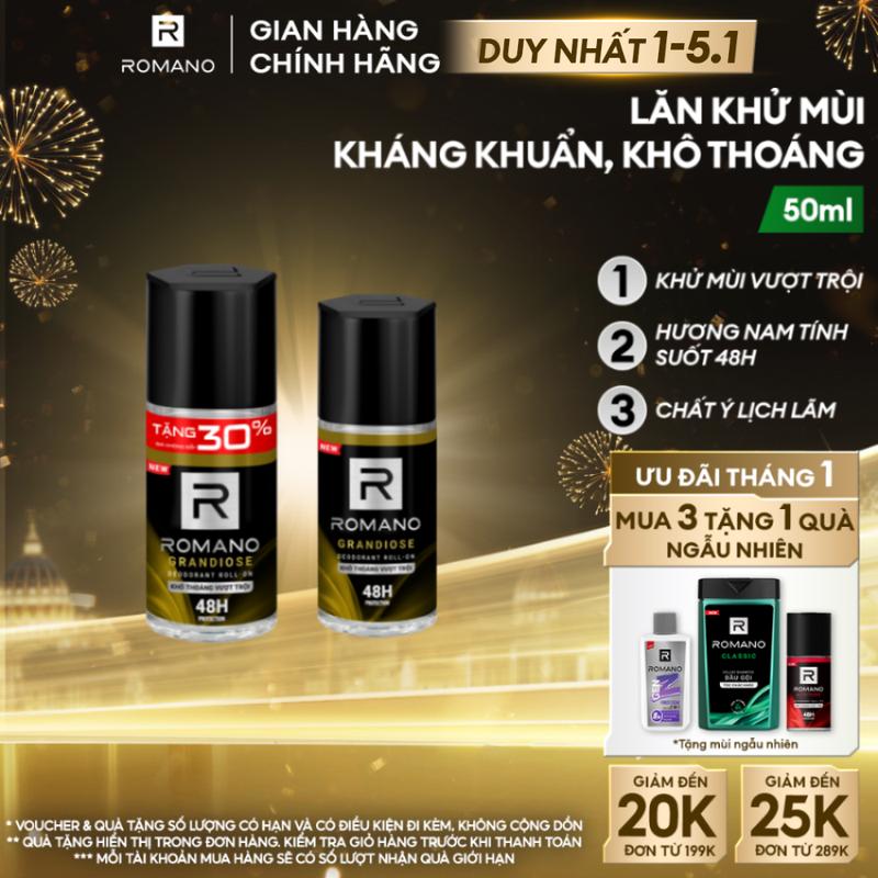 DUY NHẤT 1-5.1 MỚI Lăn khử mùi Dưỡng Thể kháng khuẩn & khô thoáng cả ngày cho nam Romano Grandiose 50ml chai