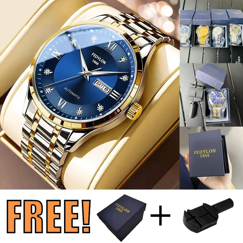 BUY 1 GET 2 New Men'S Golden Watch, Business Style, Modern Luminous, Fashion English And Chinese Calendar, Waterproof, Genuine Quartz Movement, Large Dial