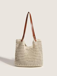 Women's Solid Color Hollow Out Straw Tote Bag, Large Capacity Shoulder Bag for Daily Used, Casual Trendy Versatile High-quality Daily Commuting Bag
