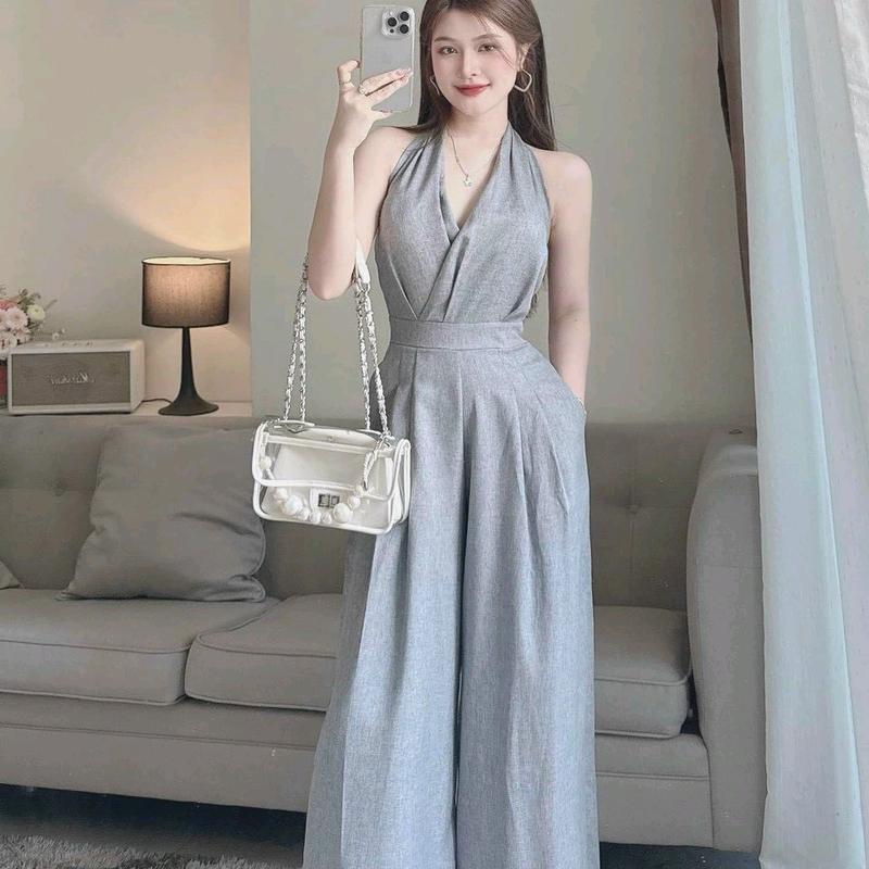 Sét Jumpsuit thời trang nữ body cổ yếm ống suông rộng với 3 tone màu sang chảnh đi dự tiệc sang trọng 3