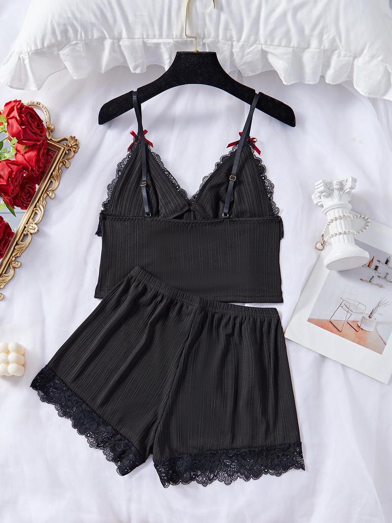 Product Introduction of Women's Plain Bow Decor Crop Cami Top & Lace Trim Shorts Pyjama Set, Casual Comfy Spaghetti Strap Camisole & Elastic Waist Shorts PJ Set, Ladies Sleepwear for All Seasons 2