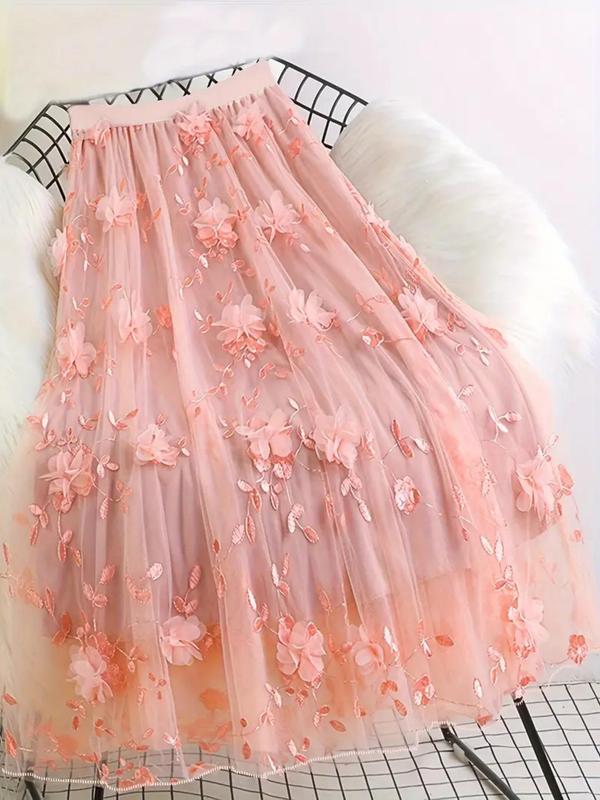 Women's Flower Appliques High Waist Tulle Skirt, Elegant A-Line Midi Skirt For Party Holiday Vacation, Ladies All Seasons Clothes, Womenswear 3