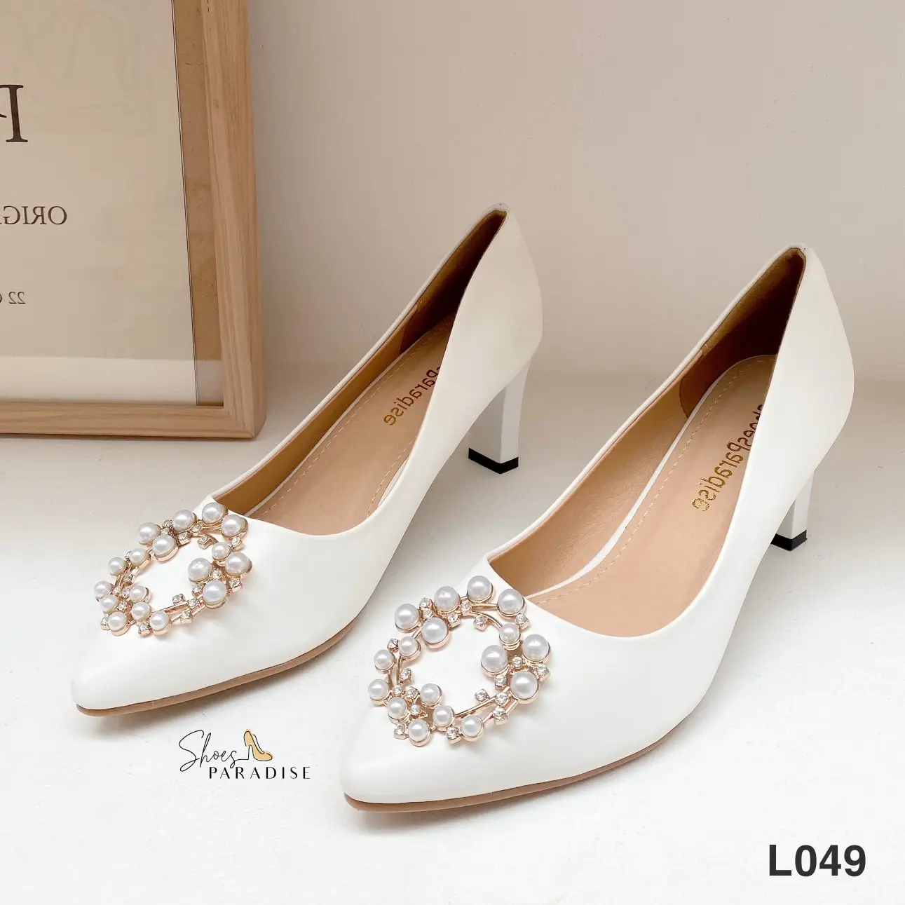 Giày cao gót 7p mũi nhọn đính đá nữ trắng giày đẹp shoes paradise L049