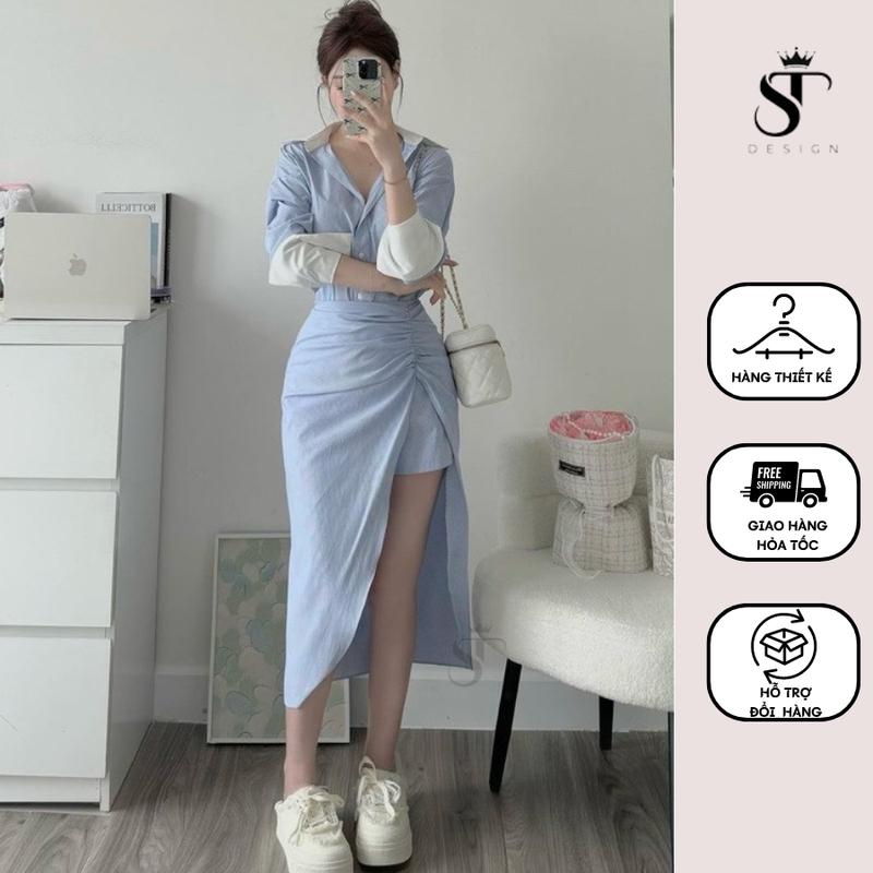Set kẻ áo sơ mi phối cổ trắng kèm chân váy xẻ tà dáng dài đuôi tôm tiểu thư thanh lịch ST Design- M03 Nữ Cotton