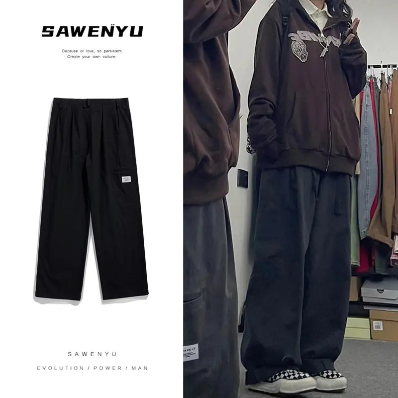 y2k American Style Cargo Pants Japanese-Style Retro Oversize Pants Cargo Pants Men Cityboy Casual Wide-Leg Trousers Loose Drooping Straight Human Plain