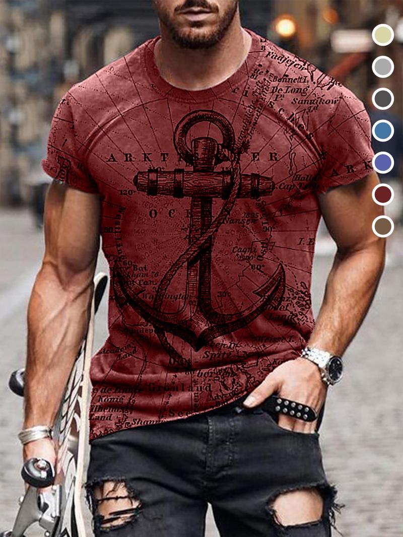 Product Introduction of Men's Letter & Anchor Print Round Neck Tee, Summer Clothes Casual Regular Fit Short Sleeve T-Shirt for Summer, Mens Clothes for Daily Wear 9