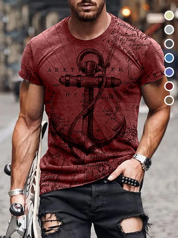 Men's Letter & Anchor Print Round Neck Tee, Summer Clothes Casual Regular Fit Short Sleeve T-Shirt for Summer, Mens Clothes for Daily Wear 3